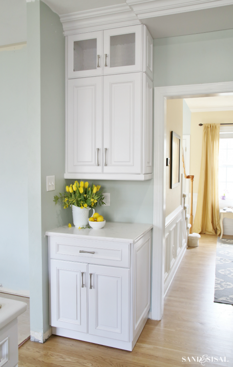 Dark floors,white cabinets, white granite, silver knobs and gray paint wall