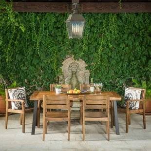 Round patio dining table on backyard patio