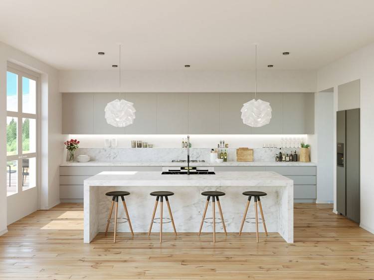 Monochrome kitchen with black cabinets and table and metal open shelving