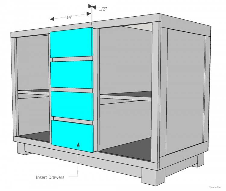 Off white cabinets with black kitchen island by Decora Cabinetry