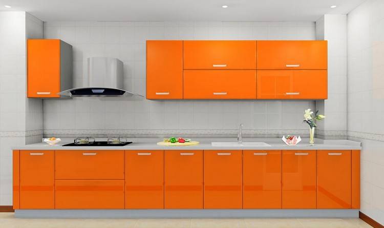 Traditional orange kitchen with hardwood floor and center island