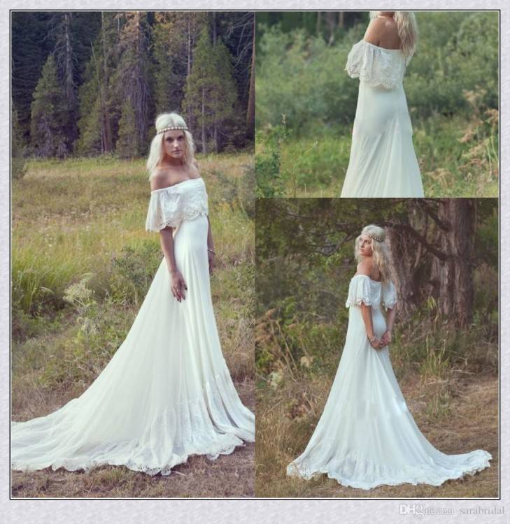 Discount Bohemian Hippie Style Wedding Dresses Beach A Line Wedding Dress  Maternity Pregnant Bridal Gowns Short Sleeve White Lace Chiffon Boho Simple