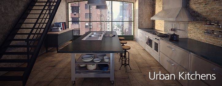 This urban Loft kitchen design (above) uses the same elements as the one with the modern look but it features the weathered looking “Fossil Oak” melamine