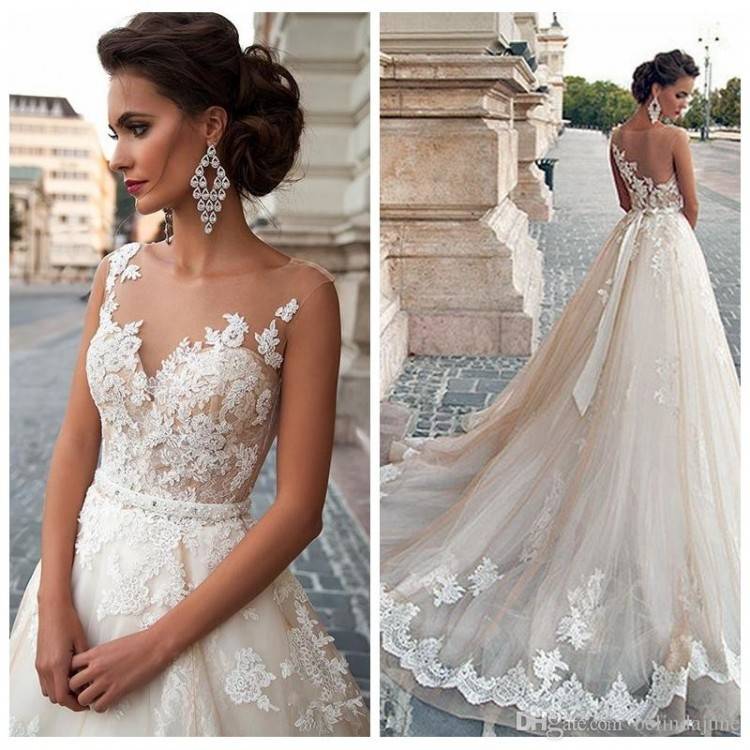 Großhandel Europäische Mode Sheer A Linie Frauen Brautkleider Modest Damen Weiß Brautkleid Billig Verkauf Online Spitze Appliques Brautkleider 2017 Von