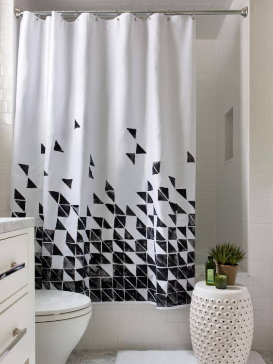 small gray bathroom with shower curtain, sunflowers, dark gray cabinets