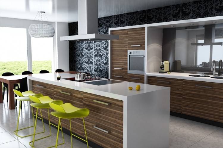 The light shades for the cabinets in this modern kitchen are accentuated by the intricate design that has been used to frame the entrance