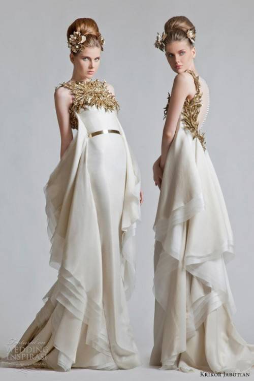 Roman toga, greek goddess inspired wedding gowns and evening dresses from