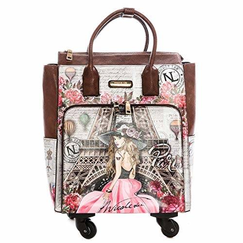 Suitcases on wheels, elegant women handbags and