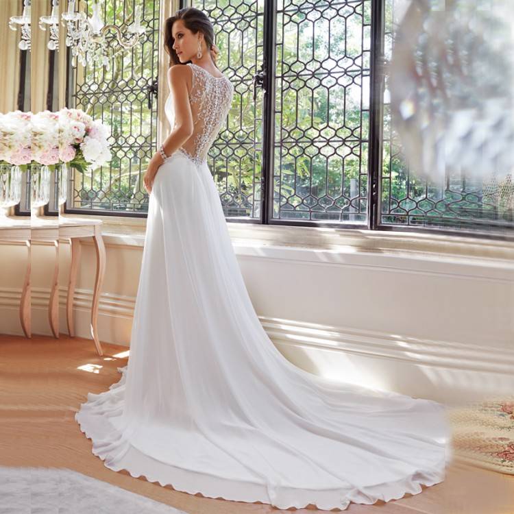 A Line Deep Neckline Simple Elegant Wedding Dress Light Peach Bridal Gown  High Quality Factory Custom Made Canada 2019 From Allaboutwedding,