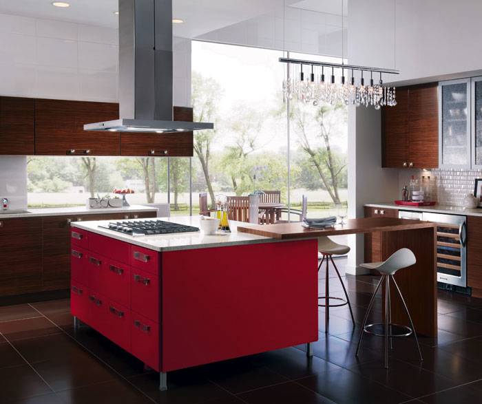 Warm Maple wood cabinets with a white kitchen island