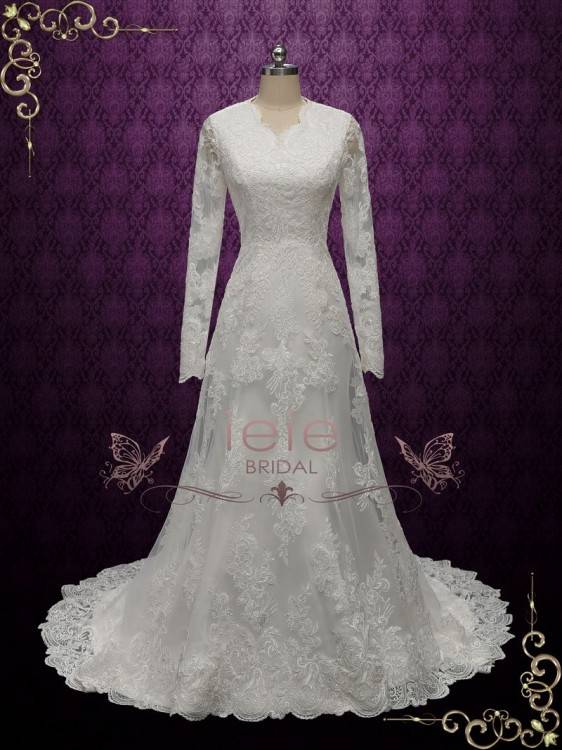 Vintage Bateau Neck Long Sleeves Lace Wedding Gown