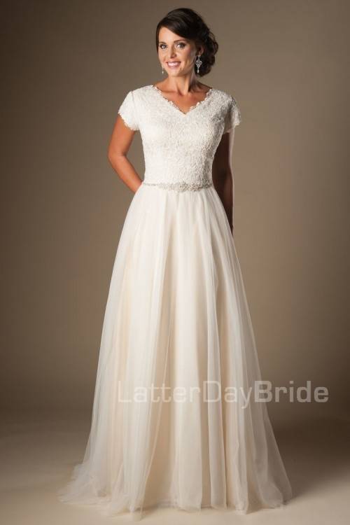 Back of Modern lace modest wedding dress, style Everly, is part of the LatterDayBride