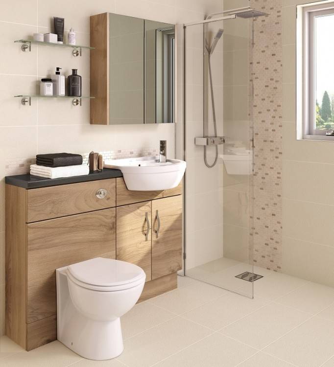 Keep the space useful and practical by adding shelving and baskets for  toiletries and towels