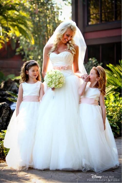 Match your gown to your flower girls' dresses for a seamless procession – and great photo ops! #sash #pink | Wedding pics | Pinterest | Wedding, Bridal and