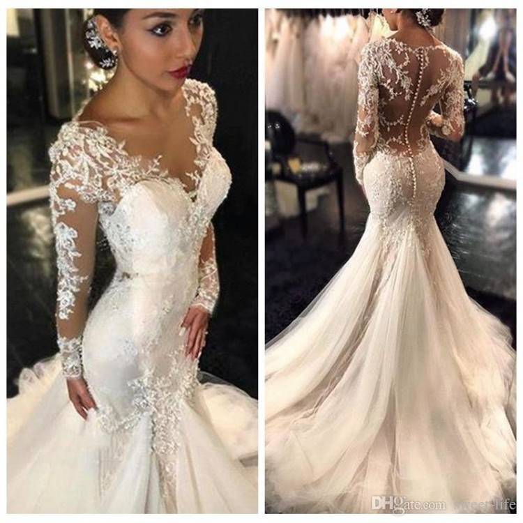 New 2017 Gorgeous Lace Mermaid Wedding Dresses Dubai African Arabic Style  Petite Long Sleeves Natural Slin Fishtail Bridal Gowns Plus Size Wedding  Dress