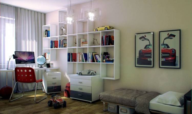 teenage boy's bedroom with a dark color palette and contrasting textures View