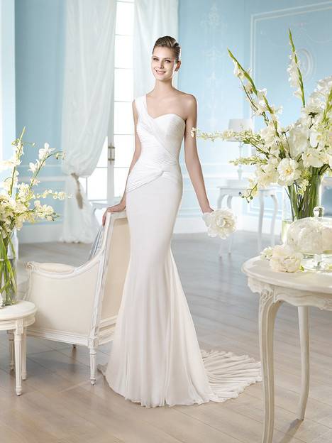 Wedding dress with asymmetric neckline