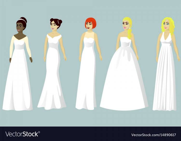 Brides in different styles of wedding dresses made in modern flat style