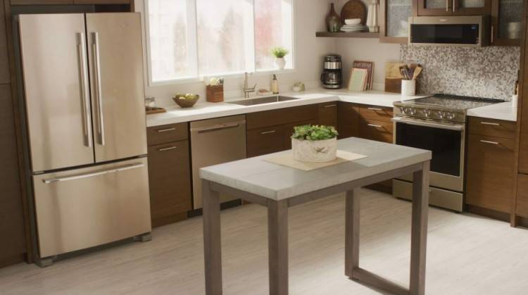 grey walls, white cabinets, chrome fittings,grey countertop