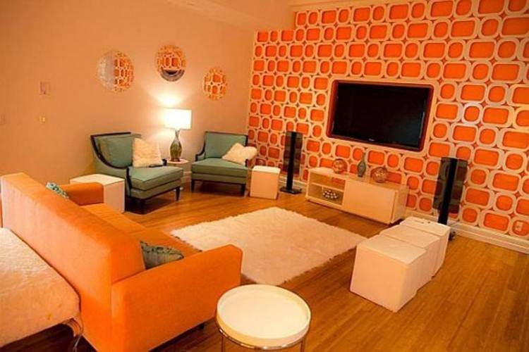 An orange backdrop for contemporary dining space in open plan living  area [Design: Wonderland