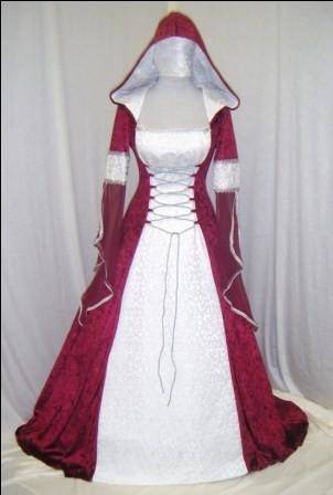 Exclusive white medieval wedding dress with handmade Celtic style embroidery for sale