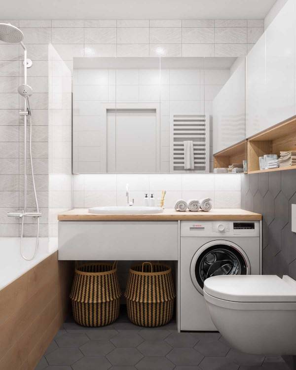 Modern bathroom with floating double sink design in white and gray