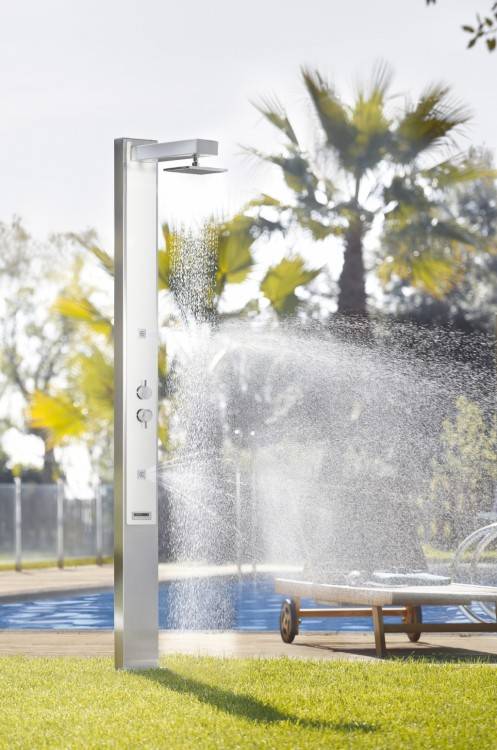 Stylish outdoor shower set in an old boat at