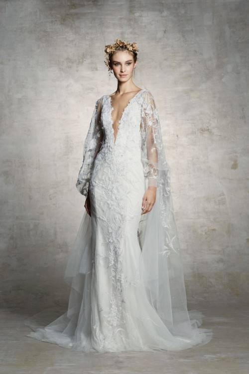 Style #18/1900L, bishop sleeve wedding dress with high neckline and lace  embroidery