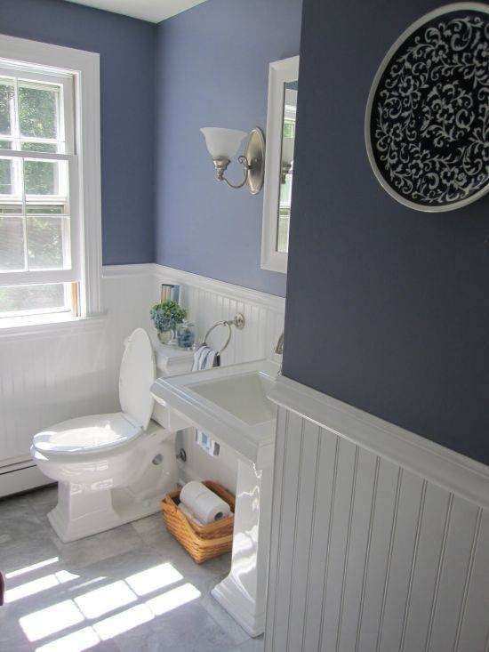 Beautiful earthy blue paint color for bathrooms, especially when paired with dark woods and whites