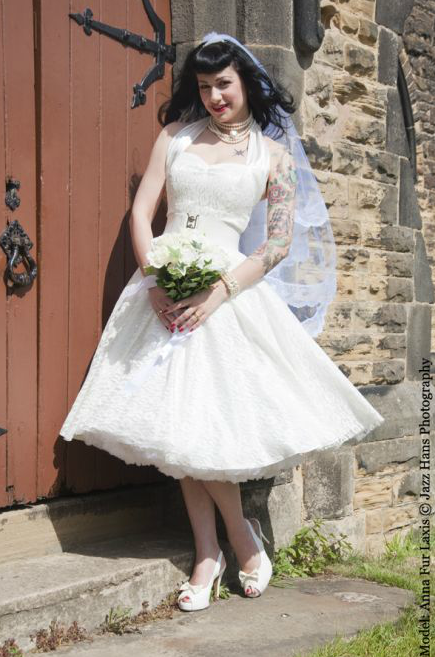 Vintage inspired wedding dress and bridesmaid dresses in similar styles