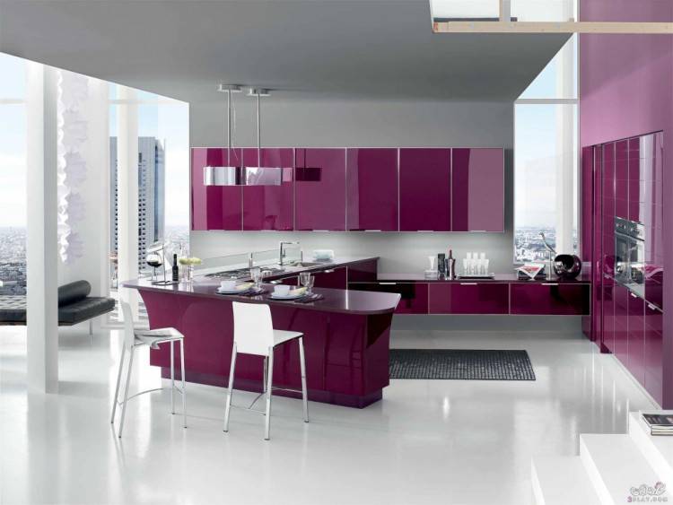 Kitchen Ideas : Pretty Small Kitchen Design Ideas Using L Shaped Purple Modern Shaker Glass Kitchen Cabinet With White Quartz Countertop Plus Beautiful 3d